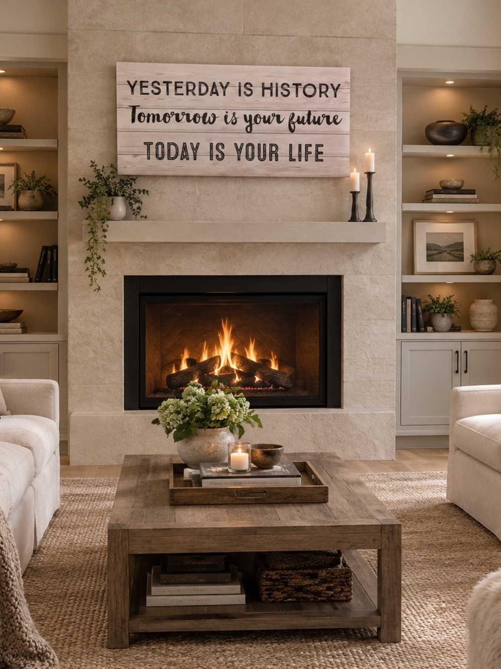 Inspirational Wall Sign - Neutral Wood "Yesterday is History"